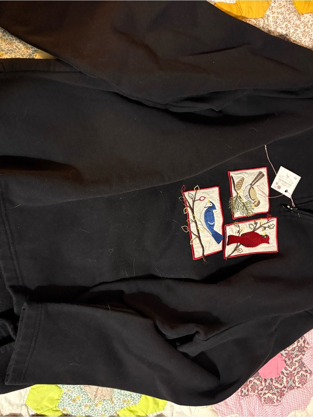 breckenridge Black Sweatshirt with Embroidered Bird Patches